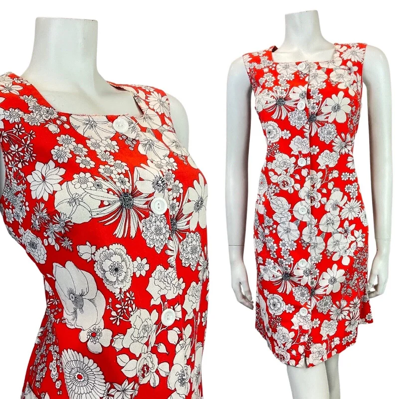 Bargain Blast VINTAGE 60s 70s RED WHITE BLACK FLORAL MOD SLEEVELESS A-LINE SHIFT DRESS 12