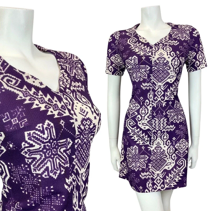 Markdowns VINTAGE 60s 70s VIOLET PURPLE WHITE AZTEC GEOMETRIC MOD SHORT DRESS 10 12