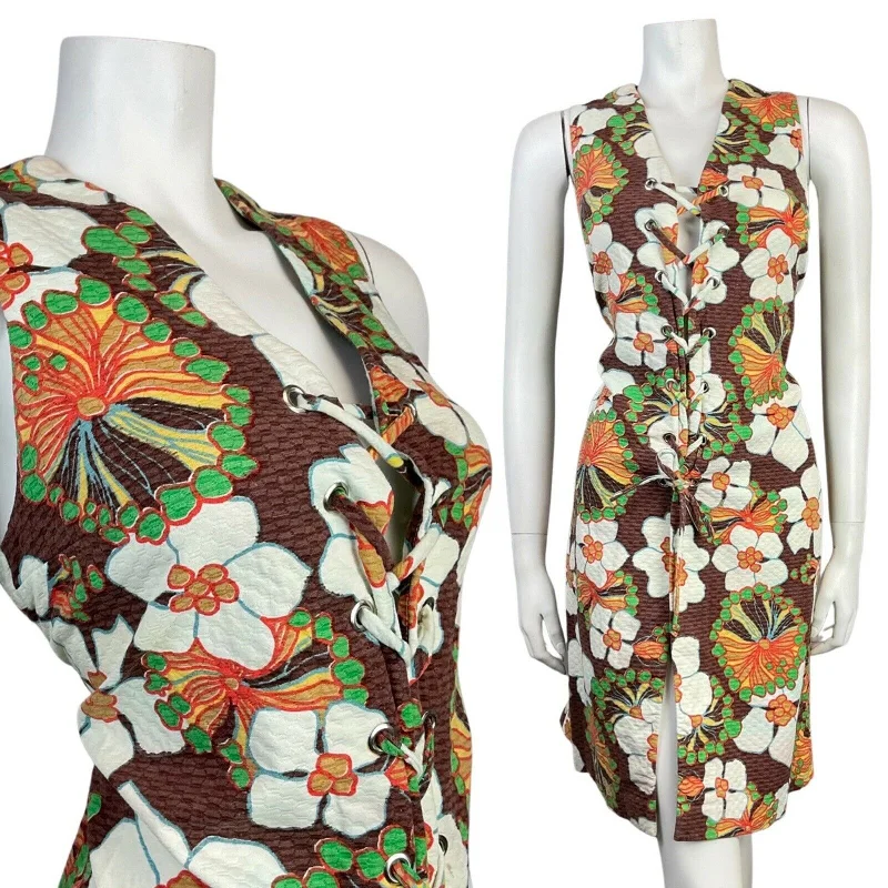 Great Deals VTG 60s 70s BROWN WHITE GREEN FLORAL LACE-UP WAISTCOAT SLEEVELESS DRESS 12 14 Great Deals VTG 60s 70s BROWN WHITE GREEN FLORAL LACE-UP WAISTCOAT SLEEVELESS DRESS 12 14