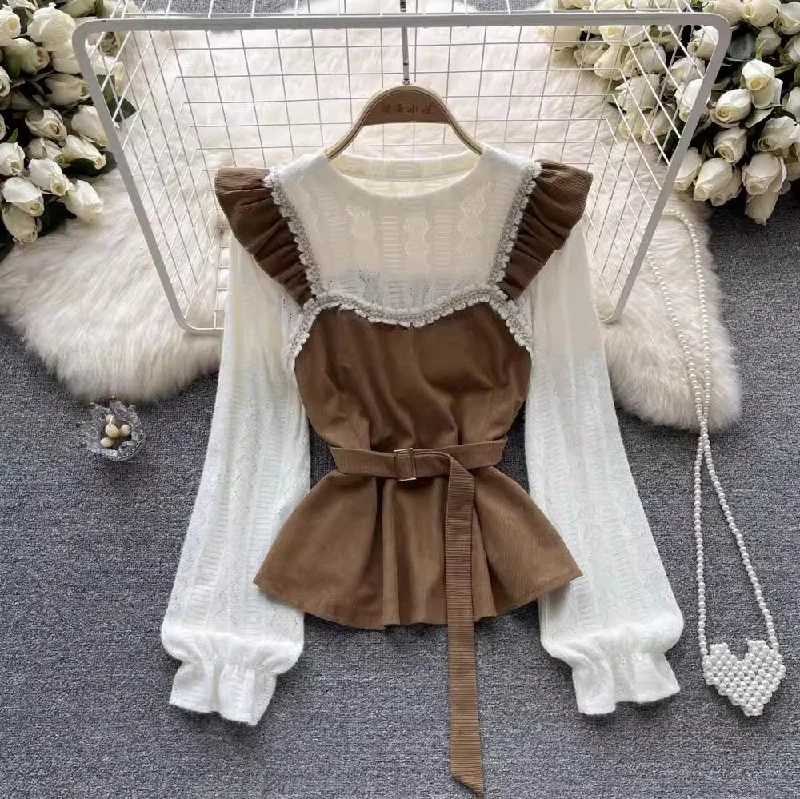 Limited Stock lace shirt women's long-sleeved ruffled sweet shirt trendy     S4644