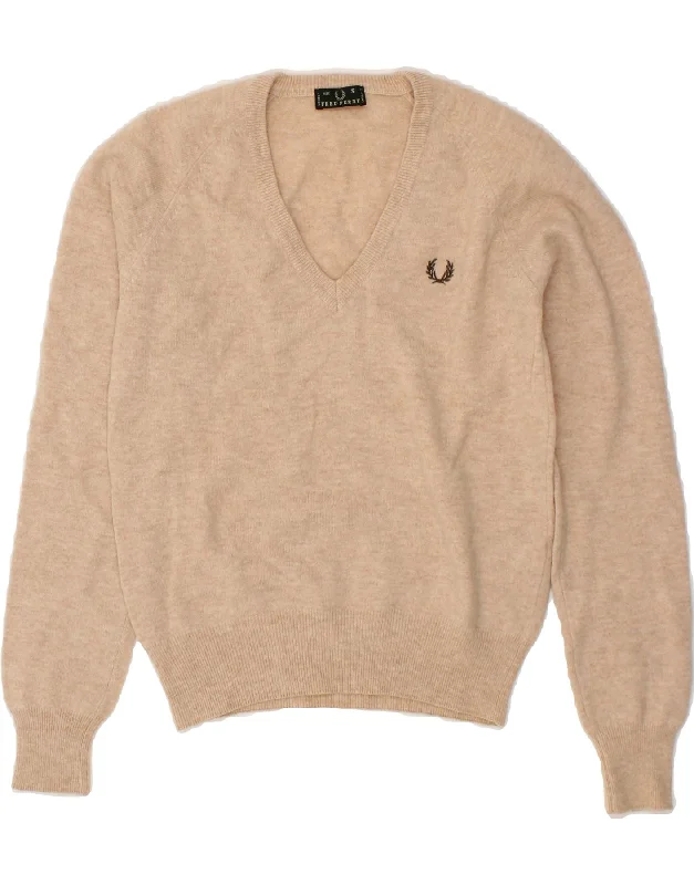 One-DAY Sale FRED PERRY Womens V-Neck Jumper Sweater UK 10 Small Beige Wool