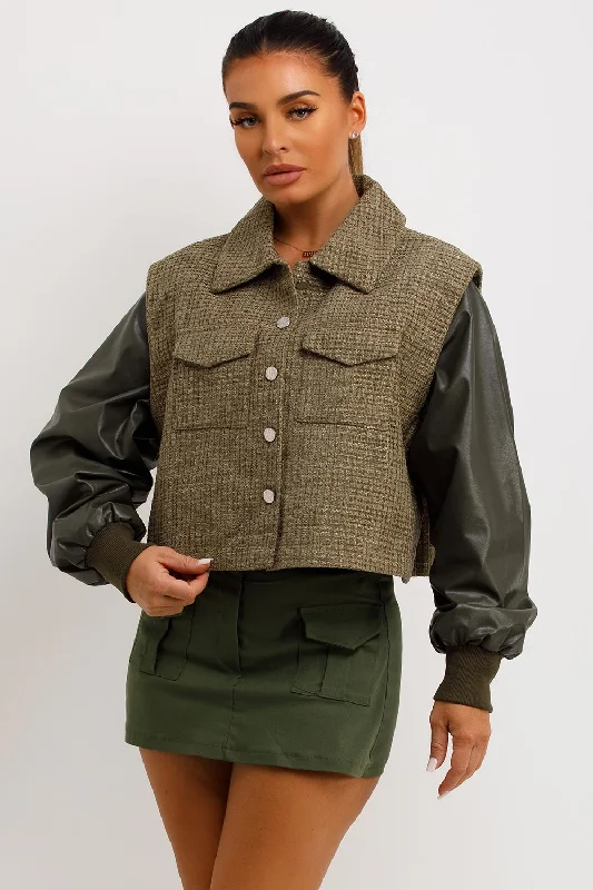 Super Sale Tweed Bomber Jacket With Faux Leather Sleeves Khaki