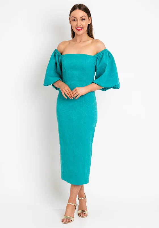 Don't Wait Casting Embossed Leaf Print Midi Pencil Dress, Turquoise