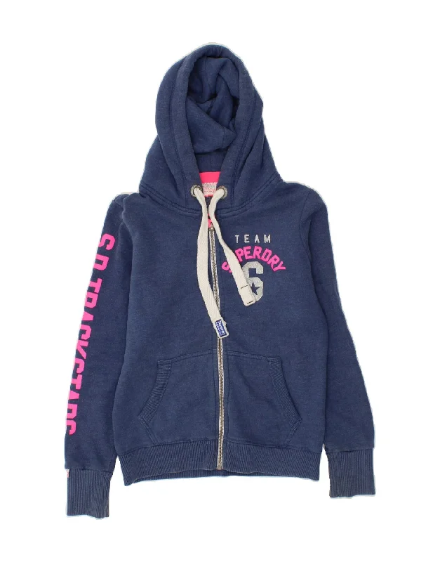 Price Break SUPERDRY Womens Graphic Zip Hoodie Sweater UK 10 Small Navy Blue