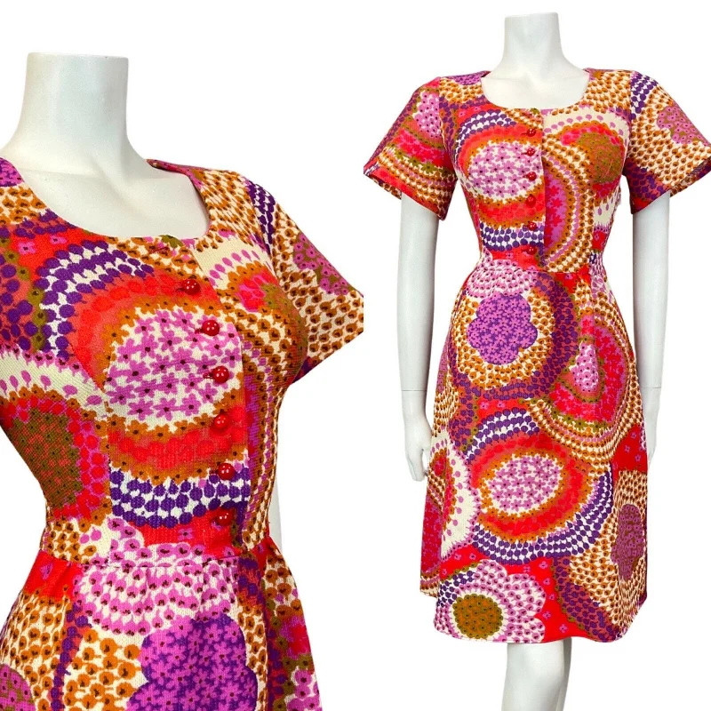 Hurry In VTG 60s 70s PINK RED PURPLE PSYCHEDELIC SPIROGRAPH FLORAL BELL SLEEVE DRESS 8 10