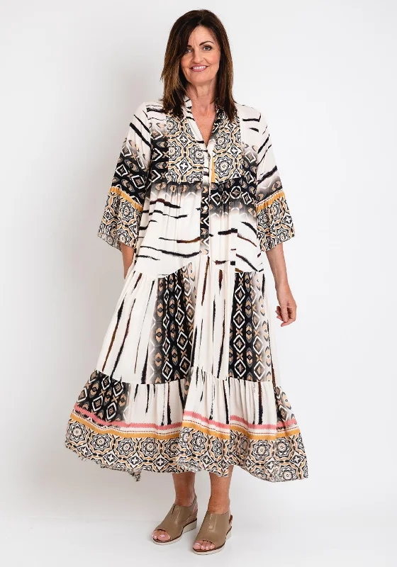 Special Promotion Serafina Collection One Size Long Print Smock Dress, Cream Black