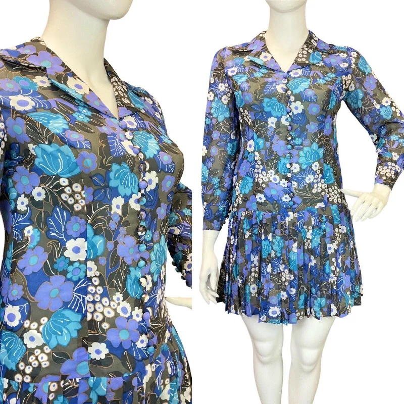 Super Sale VINTAGE 60s 70s BLUE GREY BLACK FLORAL SHEER PLEATED MOD DROP-WAIST DRESS 14 16 Super Sale VINTAGE 60s 70s BLUE GREY BLACK FLORAL SHEER PLEATED MOD DROP-WAIST DRESS 14 16