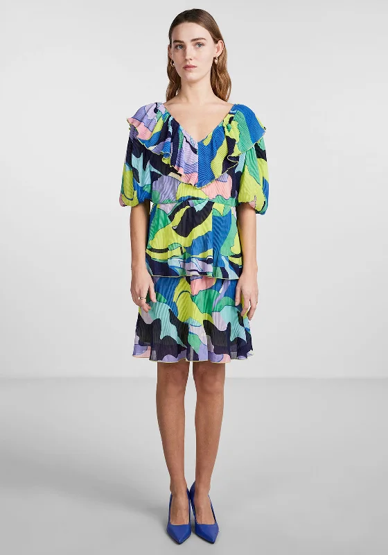 Final Sale Y.A.S Pimo Abstract Print Frill Mini Dress, French Blue