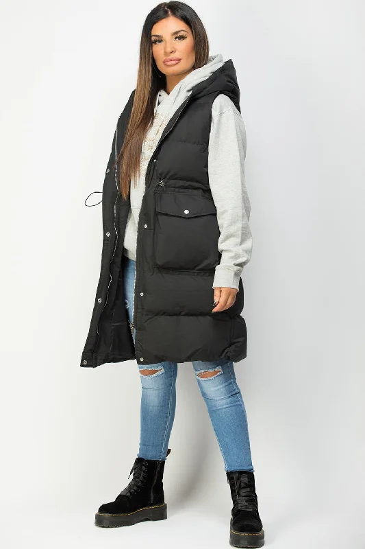 Exclusive Deal Black Padded Gilet With Drawstring Waist Longline