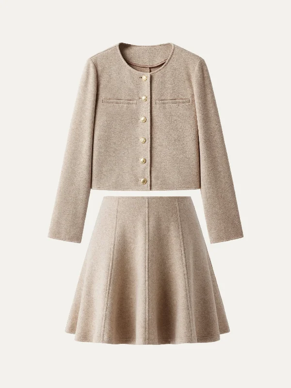 Midnight Madness 2Pcs Set Button Placket Cropped Jacket & Flare Hem Mini Skirt
