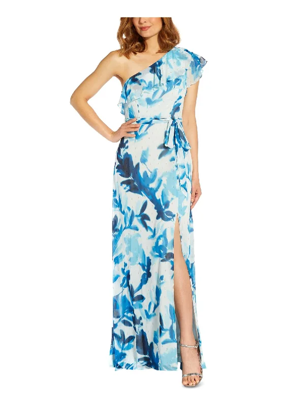 Holiday Sale ADRIANNA PAPELL Womens Blue Metallic Ruffled Zippered Lined Slit Short Sleeve Asymmetrical Neckline Full-Length Cocktail Sheath Dress