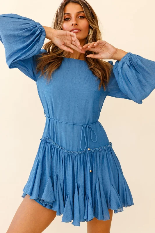 Best Bargains Rosabel Balloon Sleeve Fluted Hem Dress Denim Blue