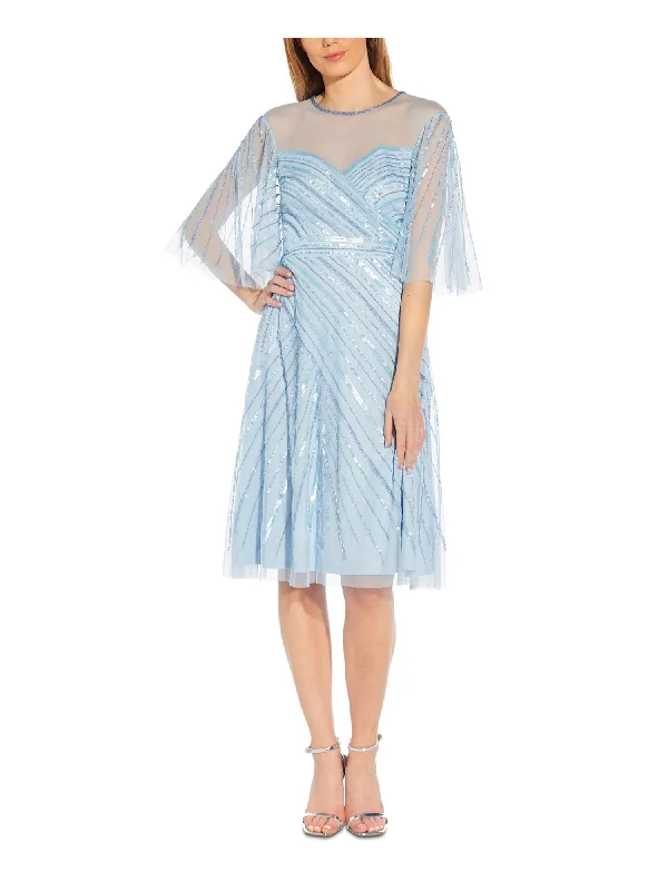 Markdowns ADRIANNA PAPELL Womens Light Blue Sequined Zippered Lined Elbow Sleeve Illusion Neckline Knee Length Party Fit + Flare Dress Markdowns ADRIANNA PAPELL Womens Light Blue Sequined Zippered Lined Elbow Sleeve Illusion Neckline Knee Length Party Fit + Flare Dress