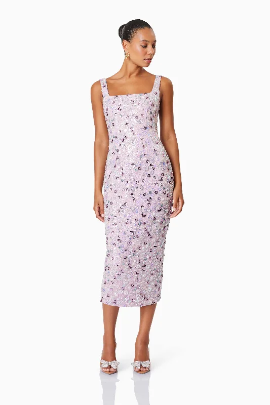 Special Discount Aurora Event Wear Midi Dress In Purple