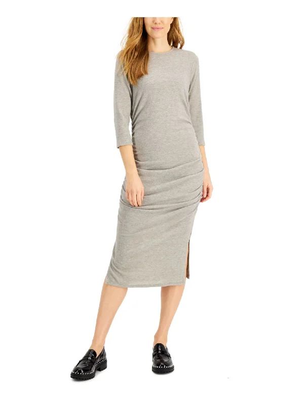 Blowout Sale INC Womens Gray Ruched Slitted Pullover Heather 3/4 Sleeve Crew Neck Midi Sheath Dress