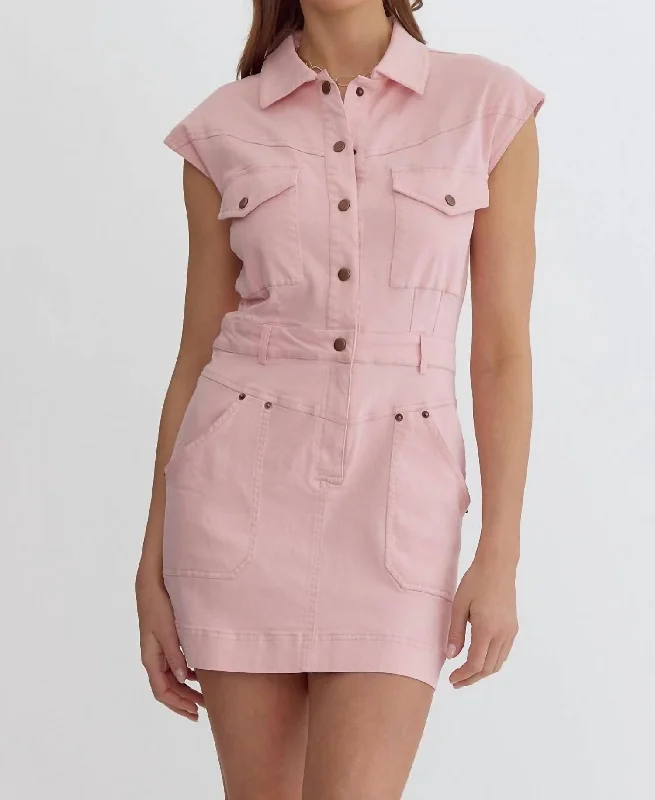 Buy Now Denim Button Front Dress In Light Pink