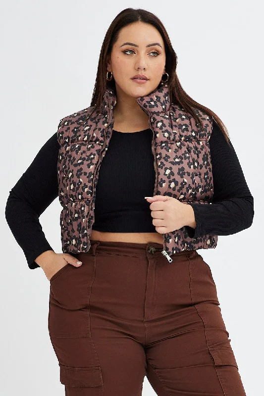 Brown Animal Print Puffer Vest Crop Sleeveless Leopard