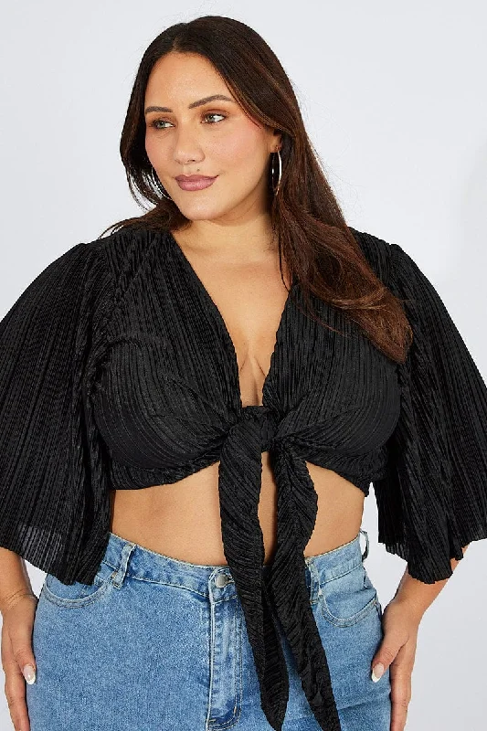 Black Plisse Satin Flare Sleeve Tie Bolero Top