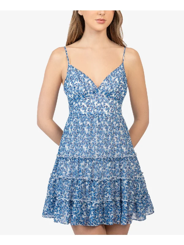 Friends and Family Sale B DARLIN Womens Blue Zippered Ruffled Tiered Chiffon Tie Floral Spaghetti Strap Sweetheart Neckline Mini Party Fit + Flare Dress