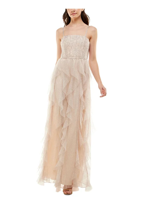 Instant Discount SPEECHLESS Womens Beige Lace Glitter Lined Sleeveless Square Neck Full-Length Formal Gown Dress