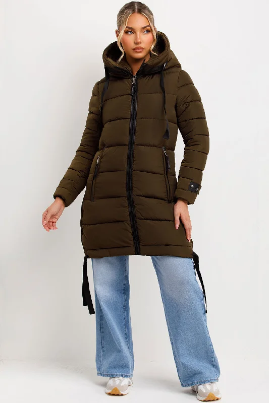 Stock Up and Save Long Puffer Coat With Hood And Side Straps Khaki