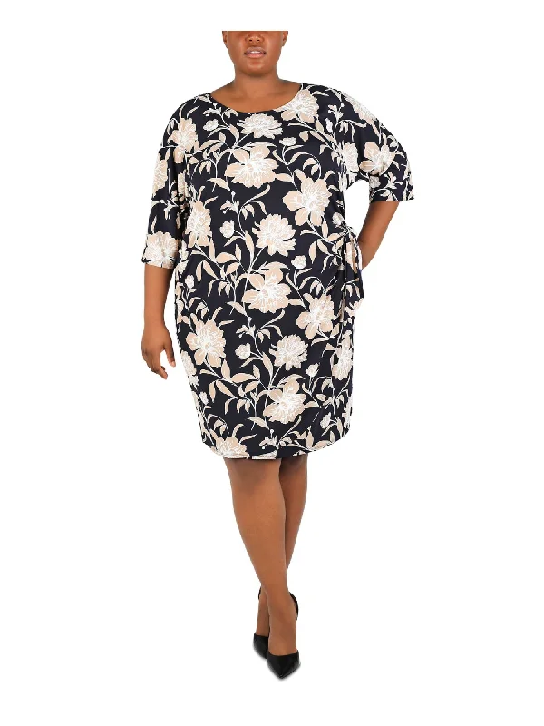 Can't Miss SIGNATURE BY ROBBIE BEE Womens Navy Textured Unlined Side Tie Floral 3/4 Sleeve Scoop Neck Knee Length Faux Wrap Dress
