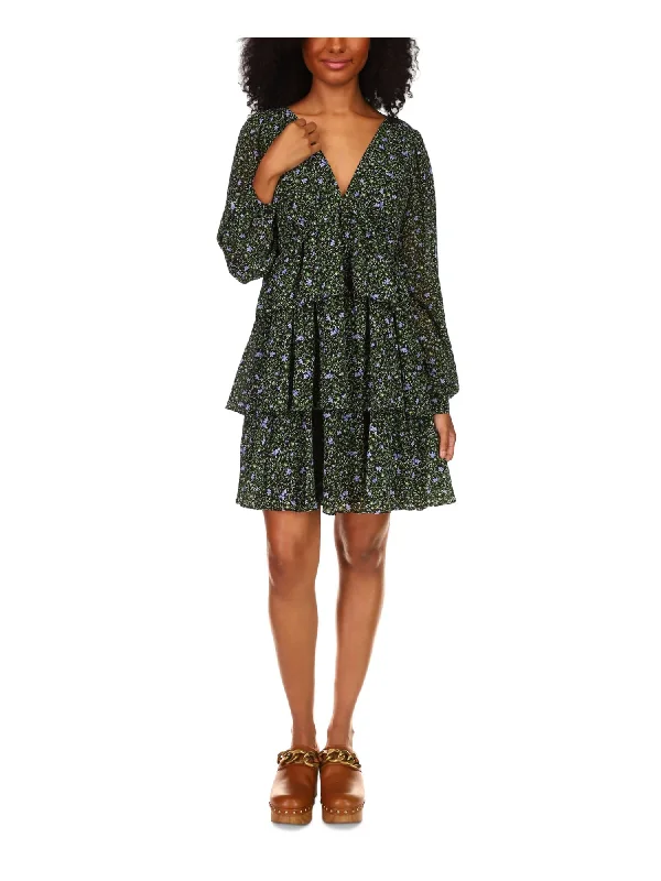 Instant Savings MICHAEL MICHAEL KORS Womens Black Zippered Ruffled Tiered Skirt Lined Floral Long Sleeve V Neck Short Wear To Work Fit + Flare Dress
