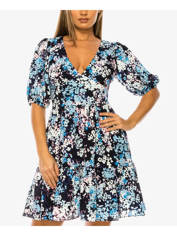 Midnight Sale B DARLIN Womens Navy Printed Pouf Sleeve V Neck Above The Knee Party A-Line Dress Midnight Sale B DARLIN Womens Navy Printed Pouf Sleeve V Neck Above The Knee Party A-Line Dress