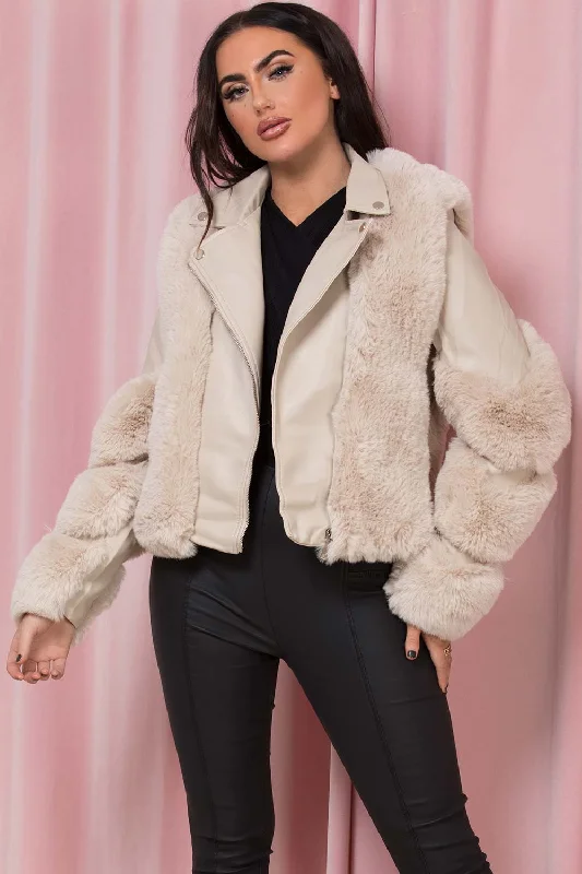Limited Time Discount Faux Leather Aviator Jacket With Faux Fur Beige