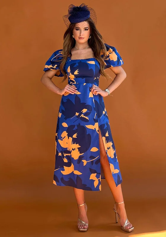 New Arrival Girl In Mind Chanice Square Neck Floral Midi Dress, Cobalt Blue & Orange