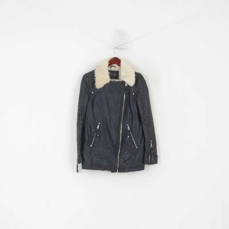 Anniversary Sale River Island Women 8 34 XS Jacket Black Biker Padded Ramones Full Zipper Top