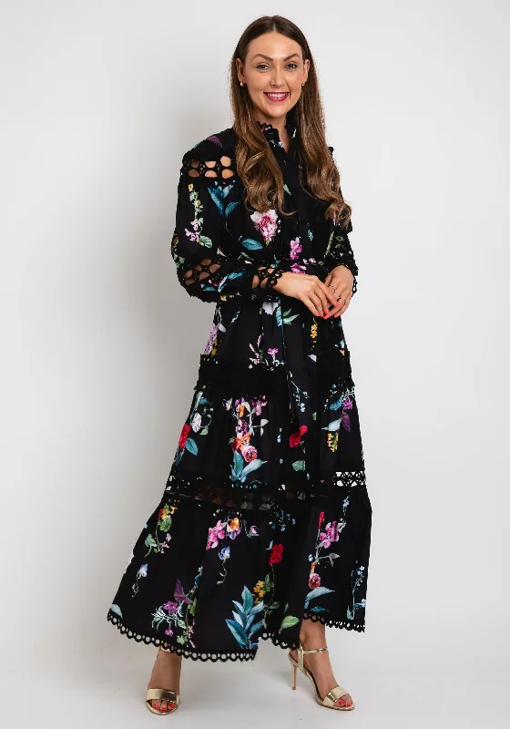 Massive Deals The Serafina Collection Floral Print with Broidery Maxi Dress, Black Multi