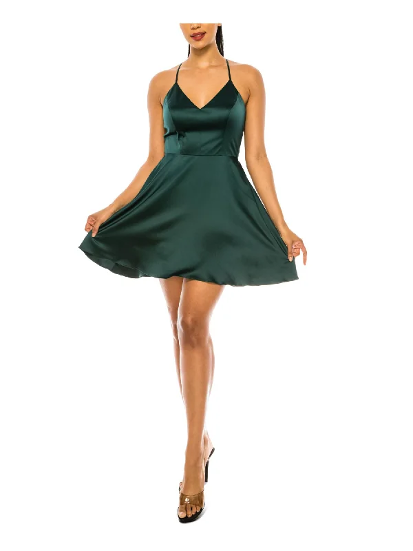 Deal Alert B DARLIN Womens Green Stretch Zippered Pocketed Lace Back Lined Sleeveless V Neck Short Party Fit + Flare Dress