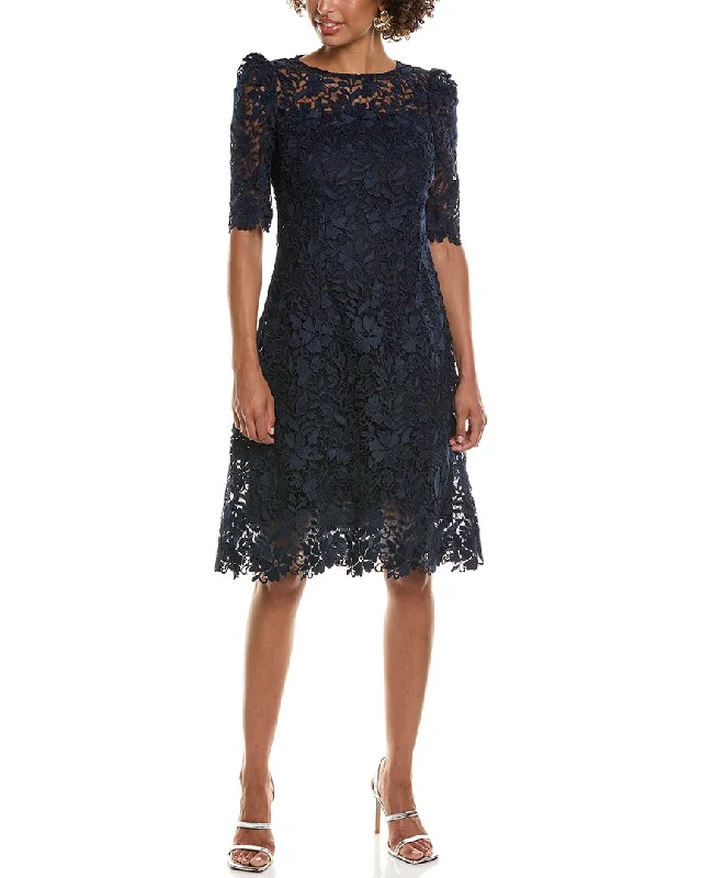 Limited Availability Teri Jon by Rickie Freeman Lace Jewel Neck Elbow-Sleeve Sheath Dress