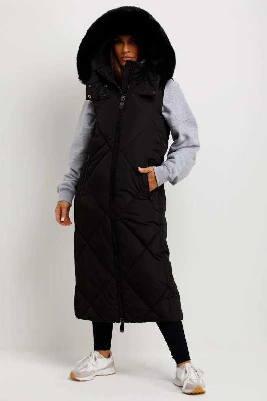 Super Deal Black Long Puffer Gilet With Fur Hood