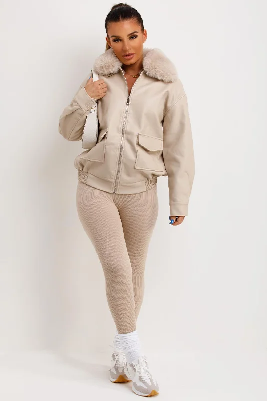 Don't Wait Faux Leather Jacket With Faux Fur Collar Beige