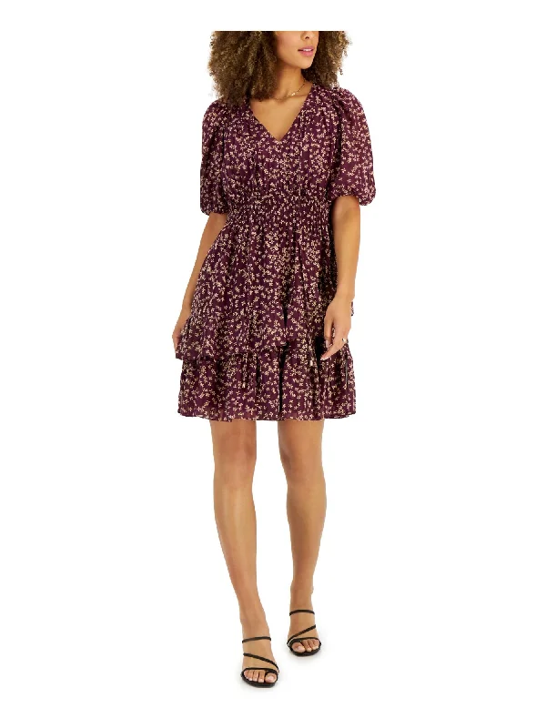 New Markdowns TAYLOR Womens Purple Lined Smocked Tiered Pullover Sheer Ruffled Floral Pouf Sleeve Split Above The Knee Fit + Flare Dress