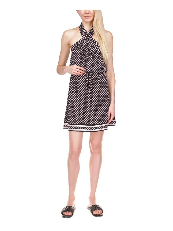 Bargain Blast MICHAEL MICHAEL KORS Womens Black Open Back Pleated Twisted Halter Neck Polka Dot Sleeveless Short Fit + Flare Dress Bargain Blast MICHAEL MICHAEL KORS Womens Black Open Back Pleated Twisted Halter Neck Polka Dot Sleeveless Short Fit + Flare Dress