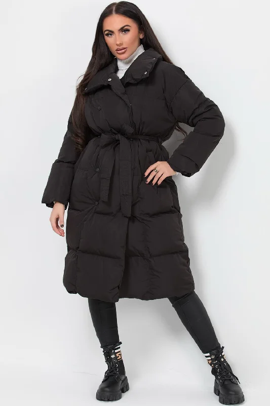 Lowest Price Long Duvet Puffer Coat With Waist Belt Black