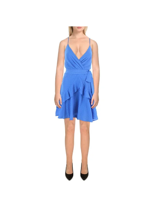 Deal of the Day TRIXXI Womens Blue Zippered Ruffled Tie Waist Textured Lined Spaghetti Strap Surplice Neckline Above The Knee Party Fit + Flare Dress