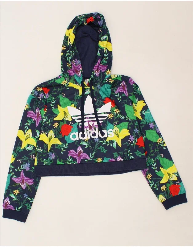 ADIDAS Womens Crop Graphic Hoodie Jumper UK 12 Medium Navy Blue Floral