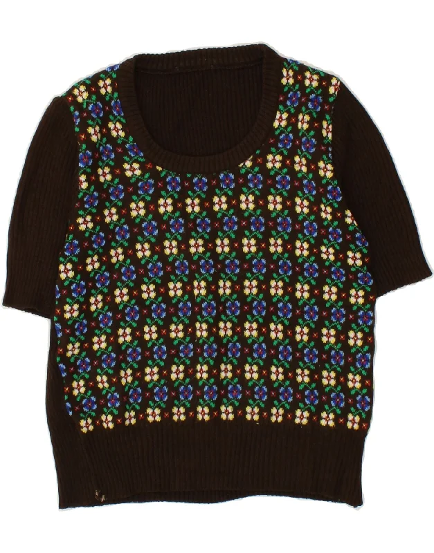 Value Deals VINTAGE Womens Short Sleeve Crew Neck Jumper Sweater UK 12 Medium Brown