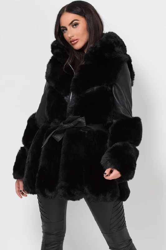 Online Exclusive Faux Leather Faux Fur Panel Hooded Jacket With Belt Black