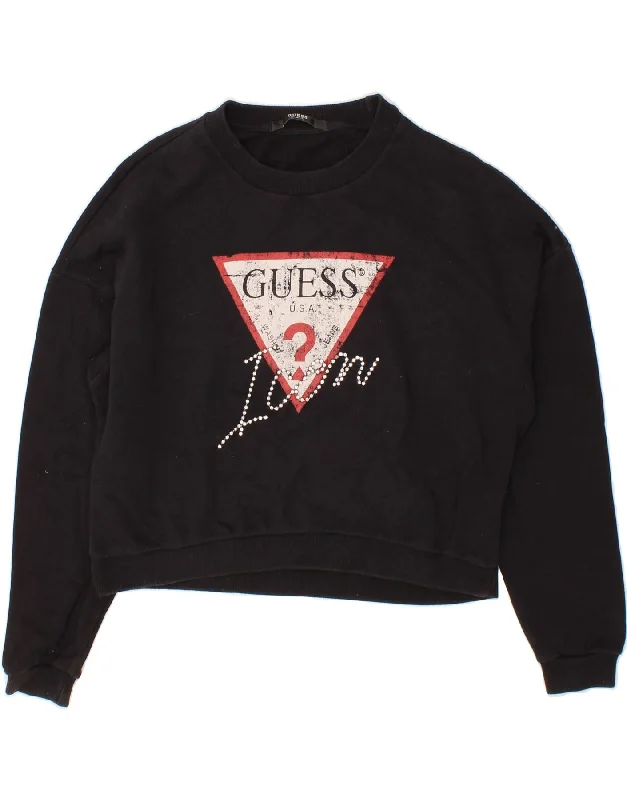 Act Fast GUESS Womens Oversized Crop Graphic Sweatshirt Jumper UK 6 XS Black Cotton