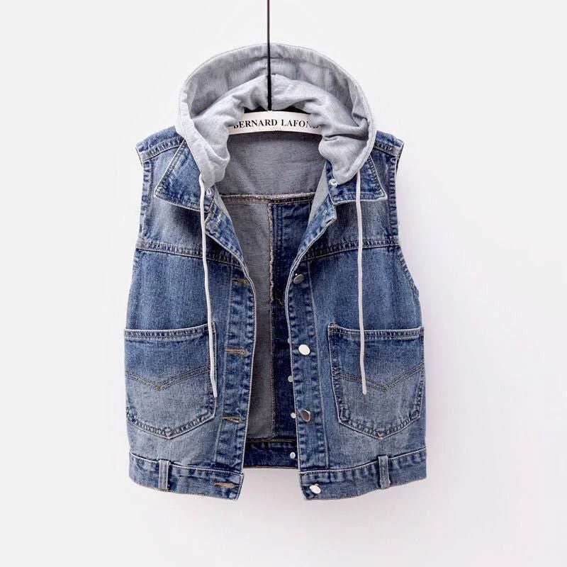 Stock Clearance Women's Fashion Sleeveless Denim Jacket Cowboy Coats Soft Hooded Warm Outwear