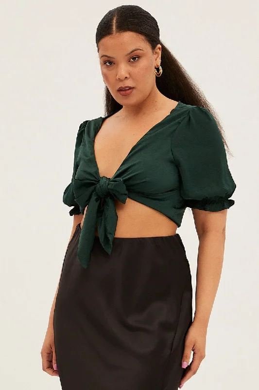 Green Satin Tie Front Short Sleeve Bolero Top