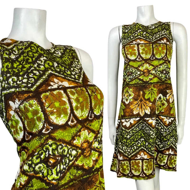 Year-End Clearance VTG 60s 70s GREEN BROWN WHITE FLORAL GEOMETRIC HAWAIIAN TIKI SHIFT DRESS 8 10 Year-End Clearance VTG 60s 70s GREEN BROWN WHITE FLORAL GEOMETRIC HAWAIIAN TIKI SHIFT DRESS 8 10