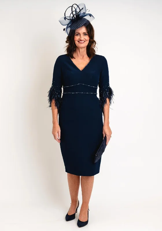 Overstock John Charles Feather Cuff Pencil Dress, Navy