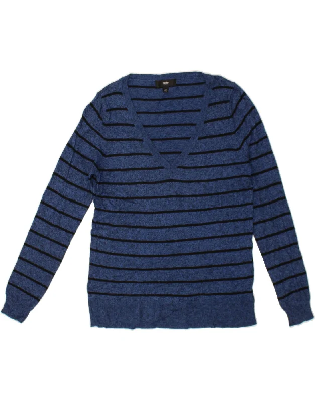 MOSSIMO Womens V-Neck Jumper Sweater UK 14 Large Navy Blue Striped Nylon