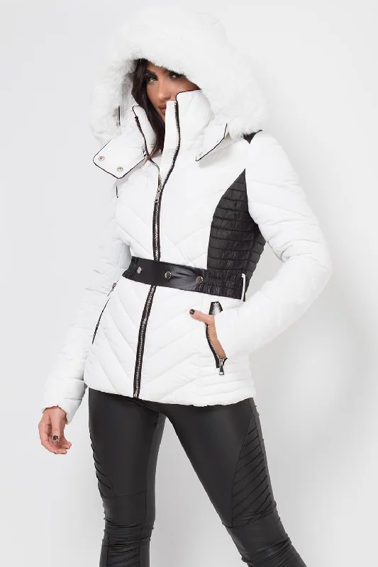 Seasonal Sale Puffer Quilted Jacket With Faux Fur Hood Belted White